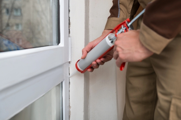 HVAC technician applying silicone sealant on windows indoors