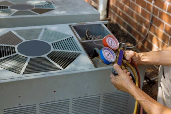 HVAC technician doing AC inspection & maintenance during summer