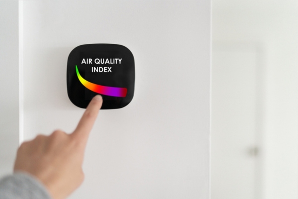 homeowner pointing at air quality index smart device depicting indoor air quality limitations of portable AC