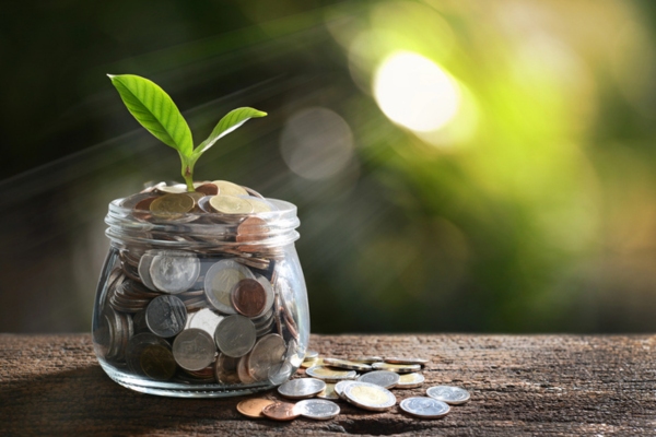 coins inside a glass jar with plant on top depicting economical benefits and savings of heating oil