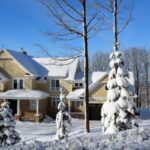 house, trees, and street covered with snow due to extremely cold weather