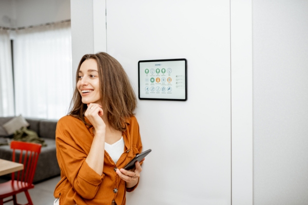 woman adjusting smart thermostat to higher heat